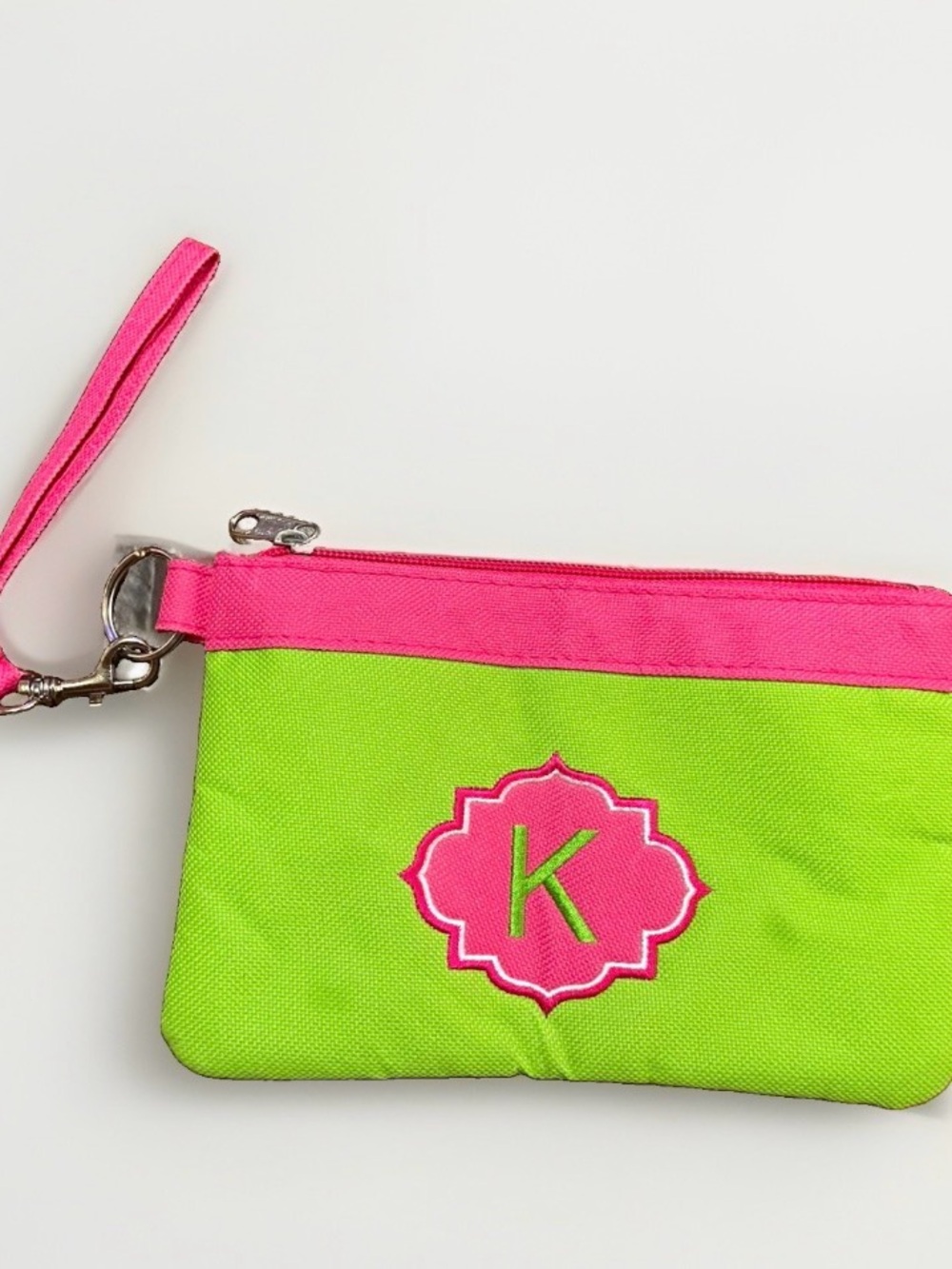 Monogrammed Letter K Canvas Wristlet Zipper Pouch Pink Lime Green New No Tags